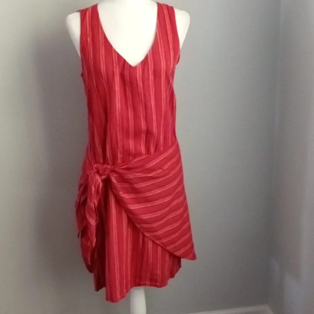 New Anthropologie Drew Red Striped Linen Blend Sleeveless Faux Wrap Dress Medium - Picture 1 of 10
